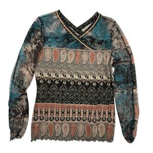 Y2K Anac Designed by Kimi Paisley Sheer Top Women Large Lettuce Hem Mesh Retro